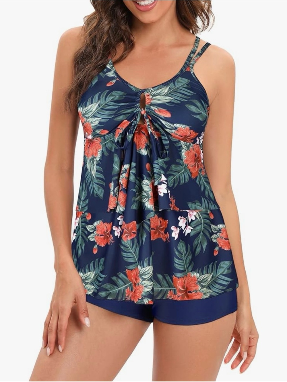 AMERICAN TRENDS~Floral Navy Tankini Swim Top with Matching Navy Shorts -